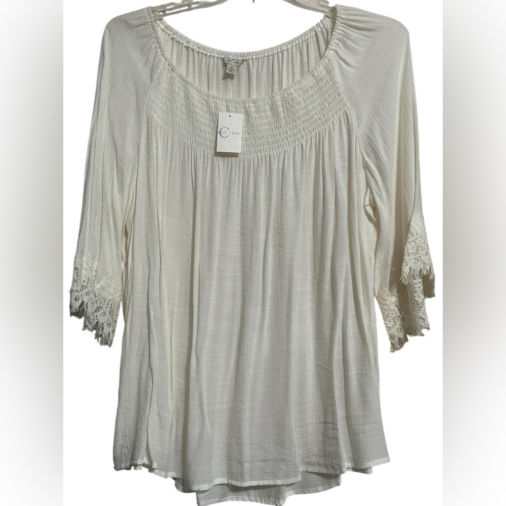 NEW - Cato - Ivory Three-Quarter Laced Sleeves and Smocked Neck Top